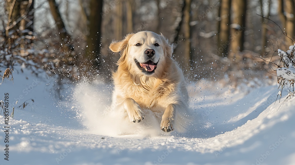 Golden Retriever Running Through Snow in Forest Golden Retriever Running Through Snow in Forest