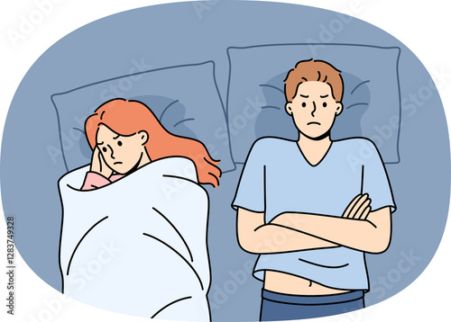 Quarreling couple lies in bed with sad emotions after unsuccessful sexual intercourse due to impotence. Problem of developing phobia in girl who is victim of misogyny and gender discrimination at work