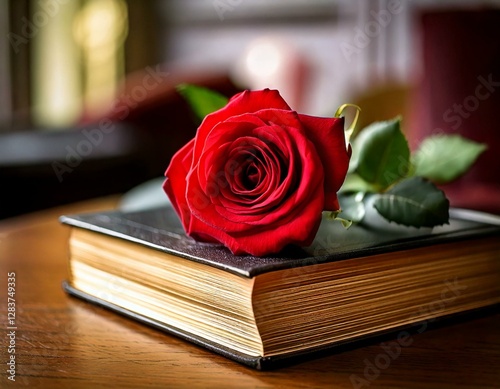 Un primer plano de una rosa roja fresca colocada sobre un libro clásico de la literatura, con un fondo desenfocado de una mesa de café. photo