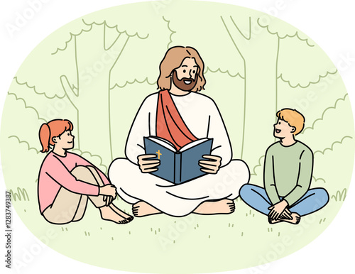 Jesus christ reads bible to little children sitting in park, talking about christian religion. Concept of christian education for pre-teen kids, and study of gospel and sacred commandments