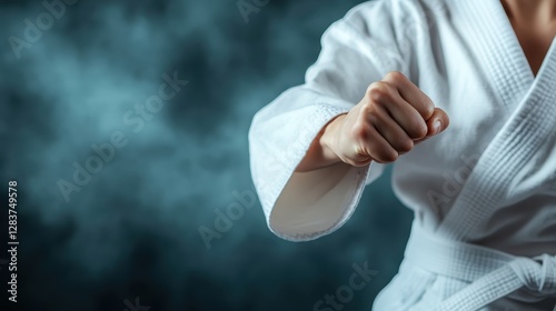 The image captures a martial artist in traditional attire, showcasing a powerful fist poised for action amidst a dramatic misty background, enhancing the intensity of the moment. photo