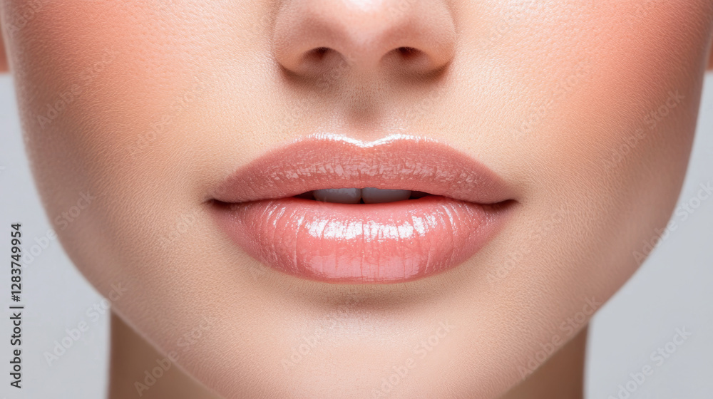 Fototapeta premium Beauty portrait close-up of glossy lips studio setting fashion photography soft lighting aesthetic appeal