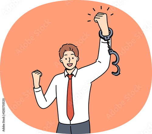 Business man feels joy after being fired from job with bonded working conditions, joyfully waving handcuffed hands. Successful guy celebrates being fired from unloved company with bad bosses