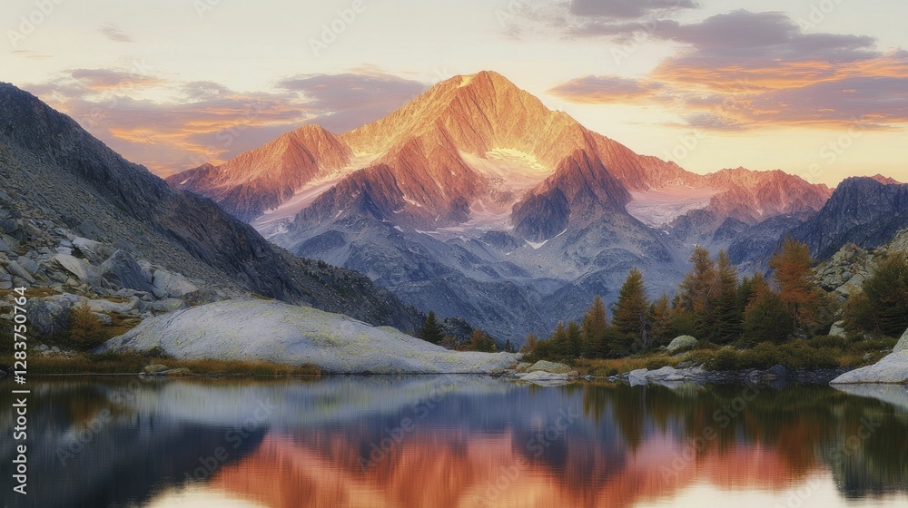 Fototapeta premium Untamed mountain wilderness greets sunrise over rugged peaks with vibrant orange and pink hues dancing on glacial lakes and proud pines.