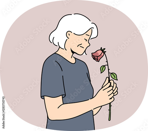 Elderly woman feels fading and weakening health or approach of death, holds withered rose. Widow experiences apathy due to age fading, for concept of aging and importance moral support for retirees