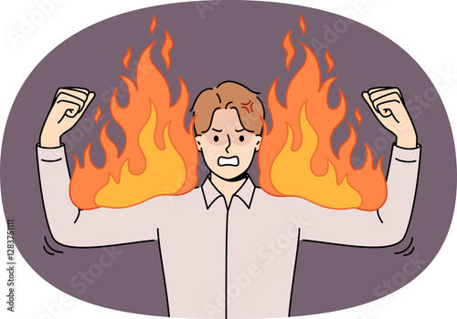 Angry business man experiencing anger and rage, showing burning biceps symbolizing strength and power. Corporate manager demonstrates anger after learning about mistakes made by subordinates