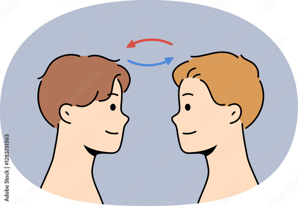 Telepathic exchange between two men, for concept of mind reading at distance and mental synchronization. Guys with telepathic skills thanks to supernatural abilities look at each other Telepathic exchange between two men, for concept of mind reading at distance and mental synchronization. Guys with telepathic skills thanks to supernatural abilities look at each other