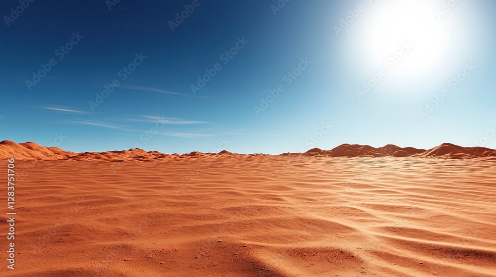 Naklejka premium Vast Arid Desert Landscape Under Bright Blue Sky with Sunlight