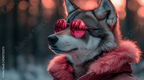 Stylish dog in pink sunglasses in winter forest photo