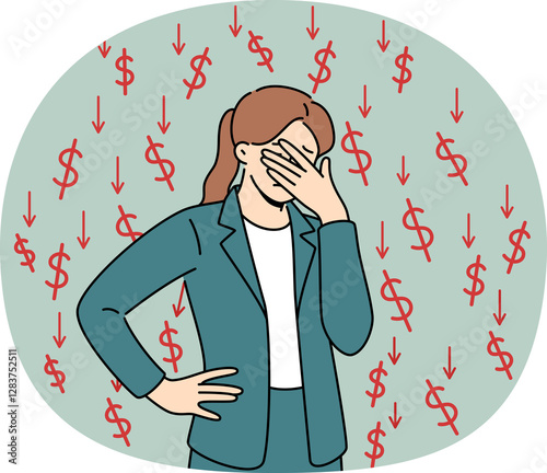 Businesswoman who is victim of financial crisis covers eyes with hand, standing among dollar signs and downward arrows. Girl feels stressed due to onset of financial crisis caused by recession.