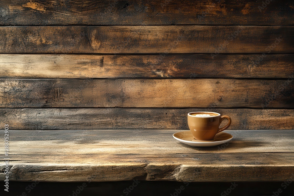 Latte art in brown cup on rustic wood table Latte art in brown cup on rustic wood table