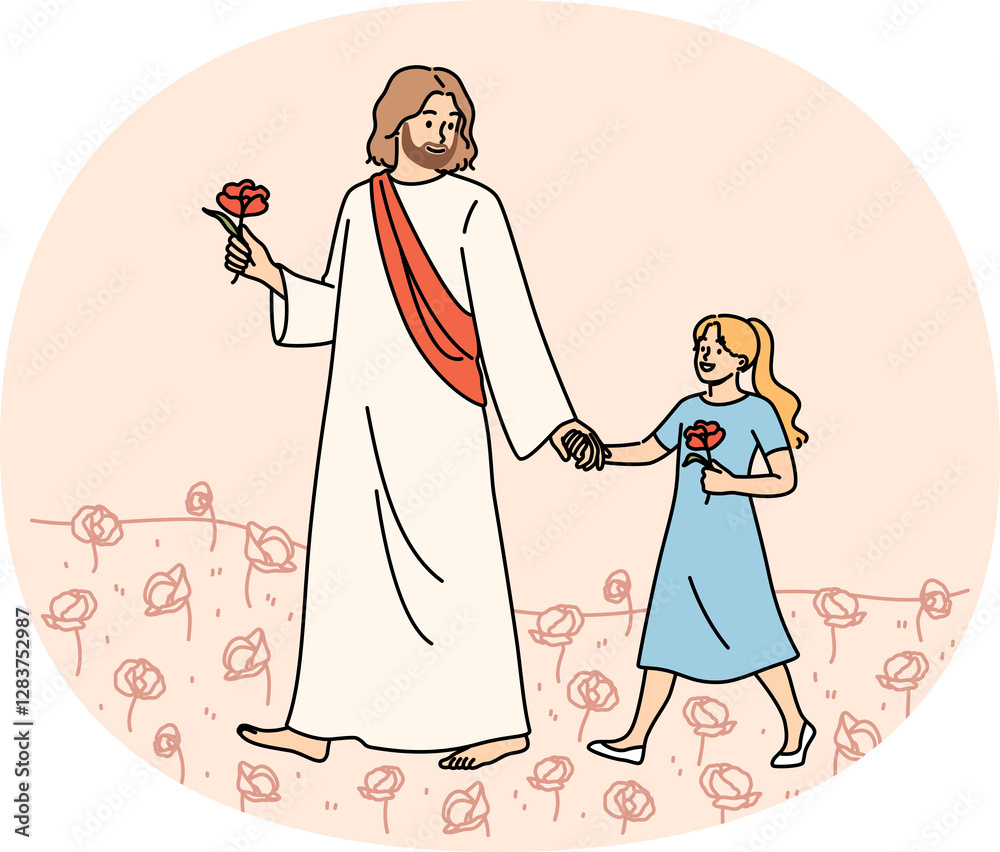Jesus walks with little girl through summer field, talking about importance of christian religion. Jesus, from catholic or orthodox faith, communicates with children, sharing experience