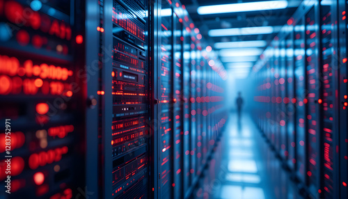 abstract data storage system glowing red lights