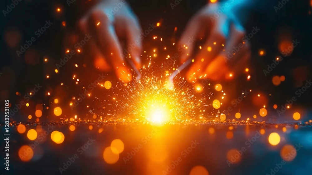 Spark Creation with Hands and Glowing Embers in Dark Environment Spark Creation with Hands and Glowing Embers in Dark Environment