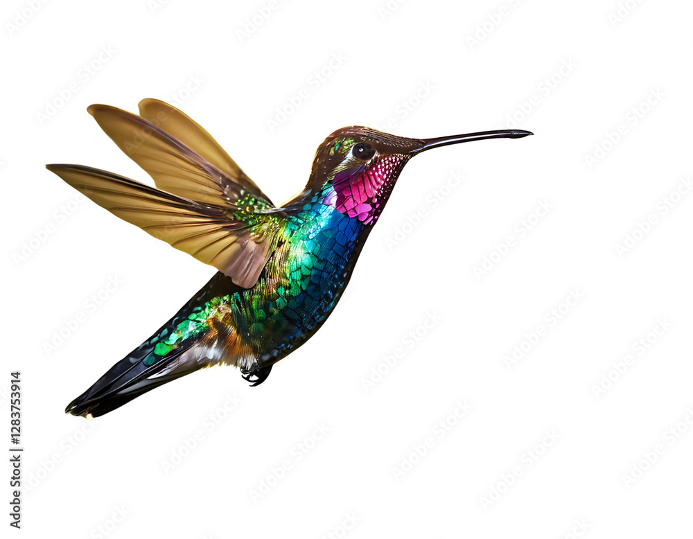 Fototapeta premium 3. A photo of a rainbow-colored glass hummingbird shining in the sun. The hummingbird has rich details and realistic light and shadow effects. The background is a blurred forest. The hummingbird work 