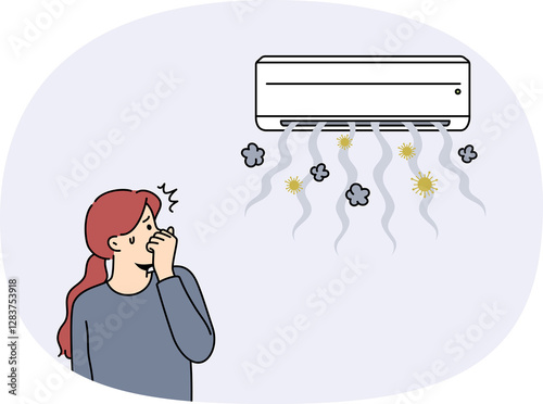 Broken air conditioner causes stench and spread of germs in apartment with girl covering nose. Problem with air conditioner or split system that contributes to appearance of bacteria
