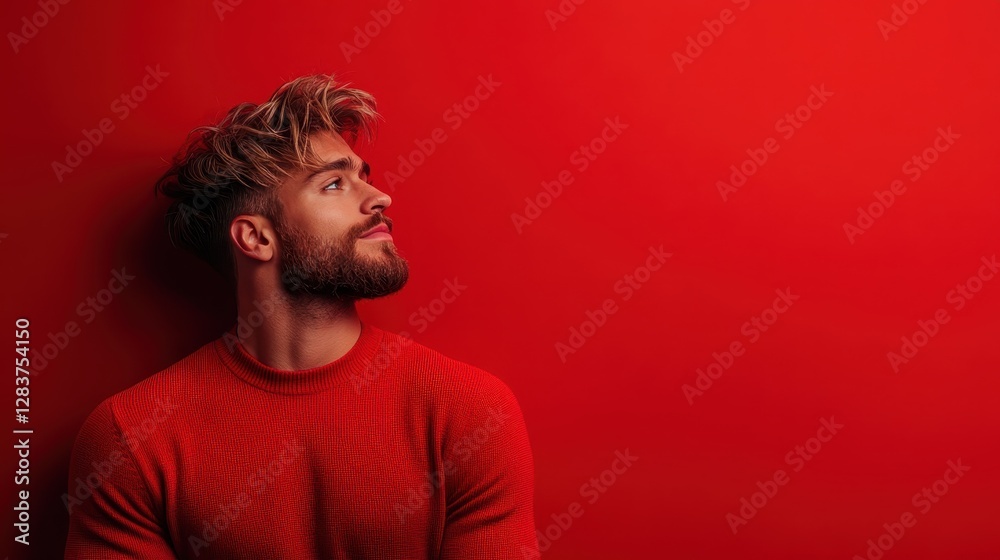 This portrait captures a contemplative young man with a beard, gazing thoughtfully against a bright red wall, reflecting modern masculinity and deep emotions. This portrait captures a contemplative young man with a beard, gazing thoughtfully against a bright red wall, reflecting modern masculinity and deep emotions.