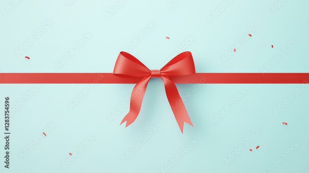 Elegant Red Ribbon Bow on Soft Blue Background with Confetti Accents Elegant Red Ribbon Bow on Soft Blue Background with Confetti Accents