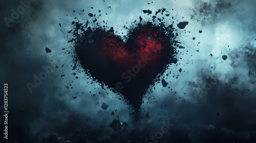 A symbolic representation of love fading away as a heart turns to ash. Fading Memories in Shadows. Illustration