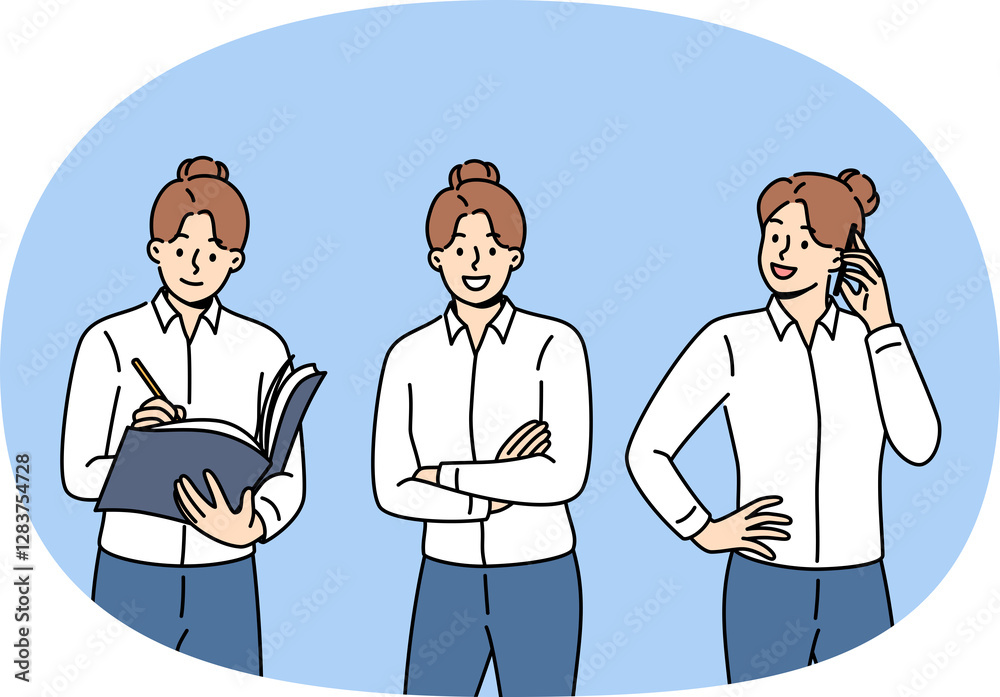 Businesslady is talking on phone, arranging partner meeting and making entry in journal. Woman in image of successful businesslady standing with arms crossed and confidently looking at camera Businesslady is talking on phone, arranging partner meeting and making entry in journal. Woman in image of successful businesslady standing with arms crossed and confidently looking at camera