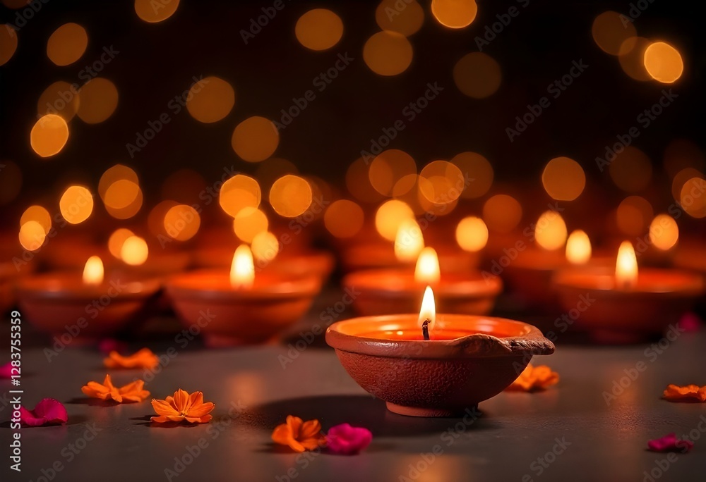 Many clay diya lamps lit with flowers on a dark surface with bokeh lights in the background, Diwali festival decoration Many clay diya lamps lit with flowers on a dark surface with bokeh lights in the background, Diwali festival decoration