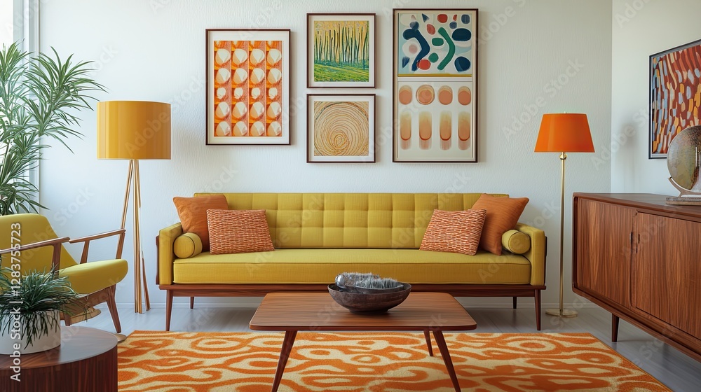 Fototapeta premium A colorful mid-century modern living room with a mustard yellow couch