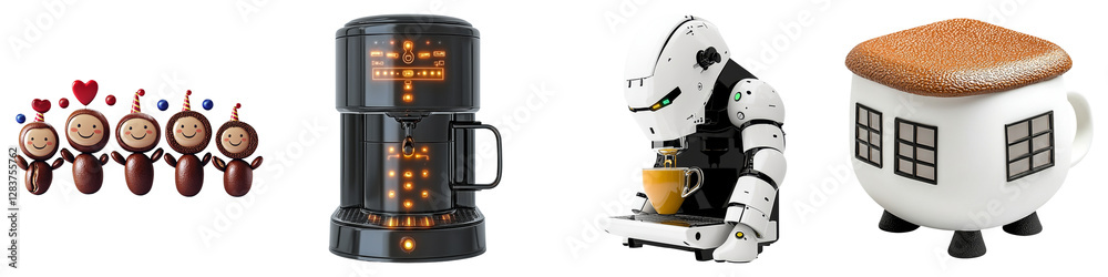 coffee lover and clipart concept. Coffee-themed robots and appliances with unique designs and a whimsical cup. on Transparent background.