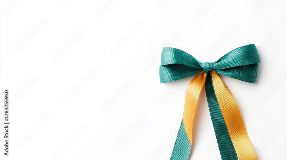 Elegant teal and gold ribbon bow on a clean white background Elegant teal and gold ribbon bow on a clean white background