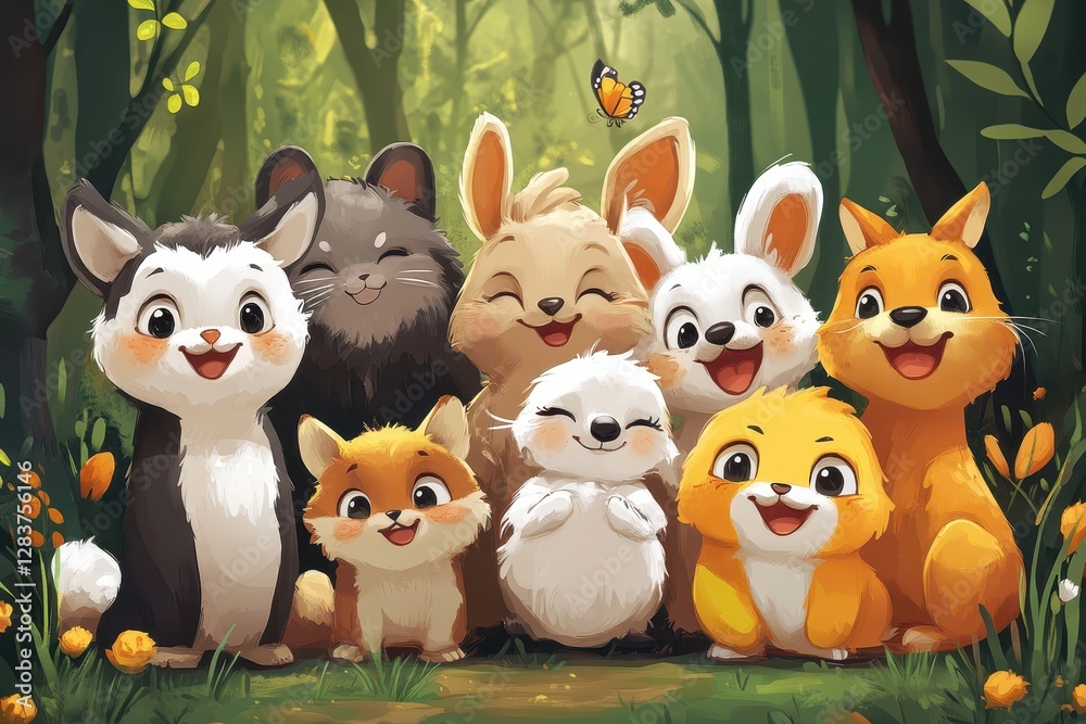 Naklejka premium Happy forest animals friends together in nature