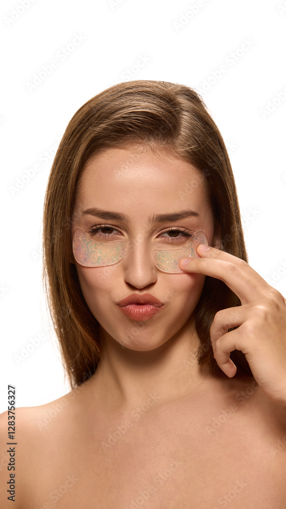 Portrait of young pretty woman playfully pouting while adjusting moisturized, hydrogel under-eye patches against white background. Concept of natural beauty, skincare, hydration, wellness. Portrait of young pretty woman playfully pouting while adjusting moisturized, hydrogel under-eye patches against white background. Concept of natural beauty, skincare, hydration, wellness.