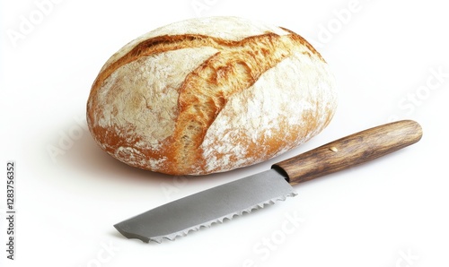 Freshly baked round loaf of bread with bread knife on white background for food photography