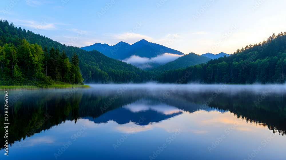Misty Morning Lake Reflection in Mountains Misty Morning Lake Reflection in Mountains