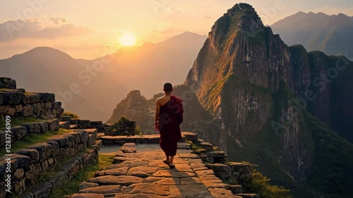 Exploring the ancient ruins of Machu Picchu at sunrise with a monk contemplating the breathtaking landscape