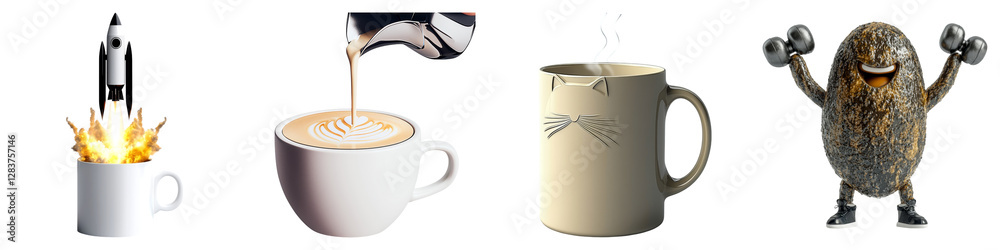 coffee lover and clipart concept. Colorful mugs showcasing various beverages and a whimsical creature with dumbbells. on Transparent background.