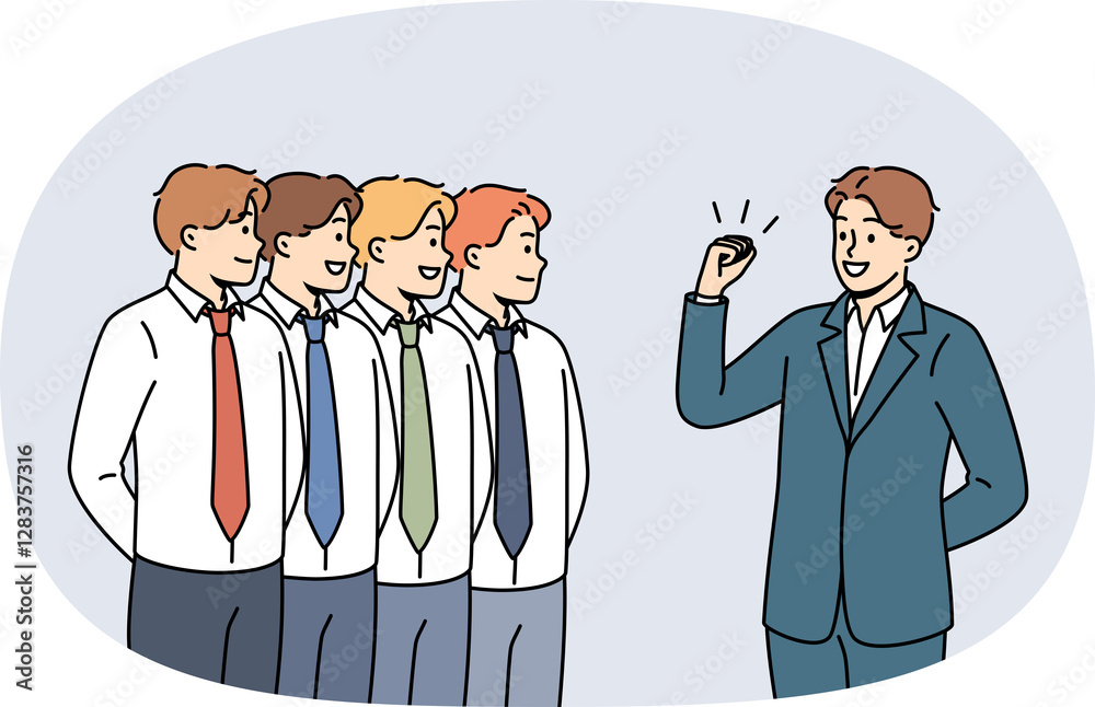 Business man leader gives motivational speech to team of office clerks standing in row. Manager with leadership qualities conducts motivational training for colleagues to increase productivity Business man leader gives motivational speech to team of office clerks standing in row. Manager with leadership qualities conducts motivational training for colleagues to increase productivity