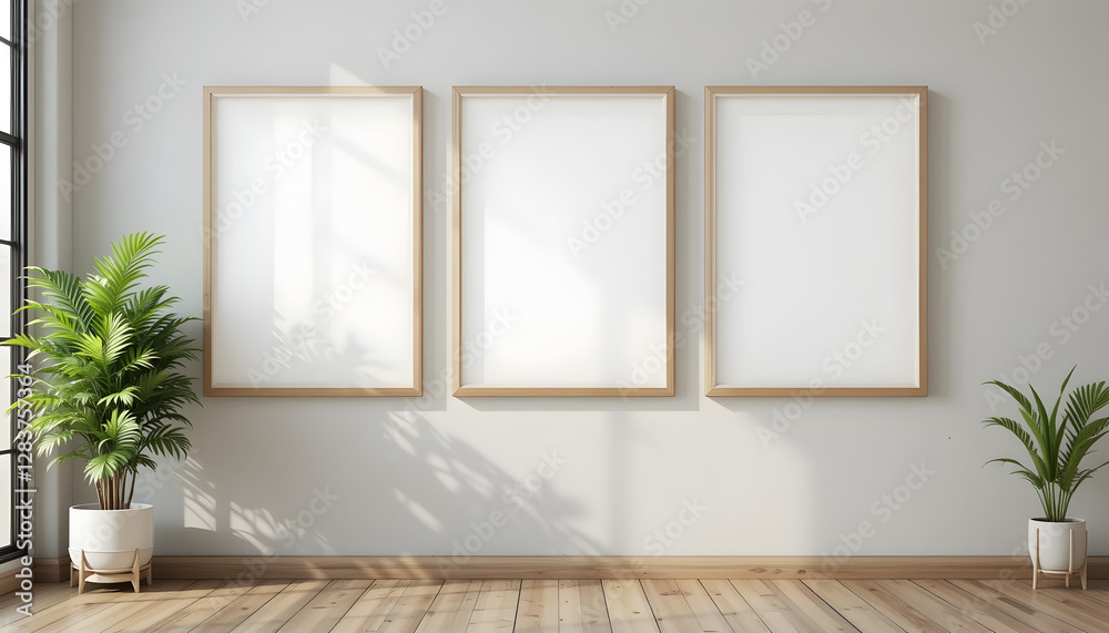 Fototapeta premium Default Three vertical white blank wooden framed wall art mock