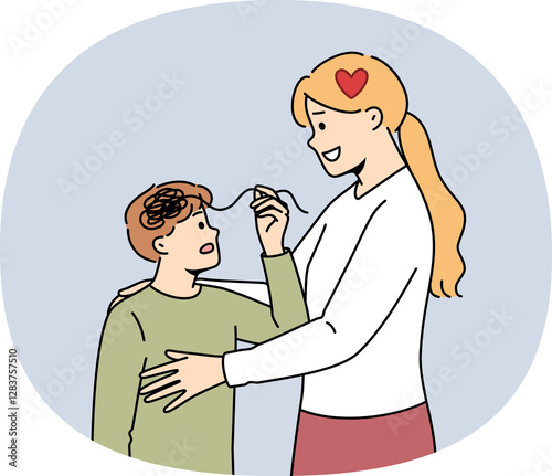 Motherly support from caring woman hugging unhappy boy with confused thoughts in head. Concept of importance of motherly support for raising healthy and promising person with successful future