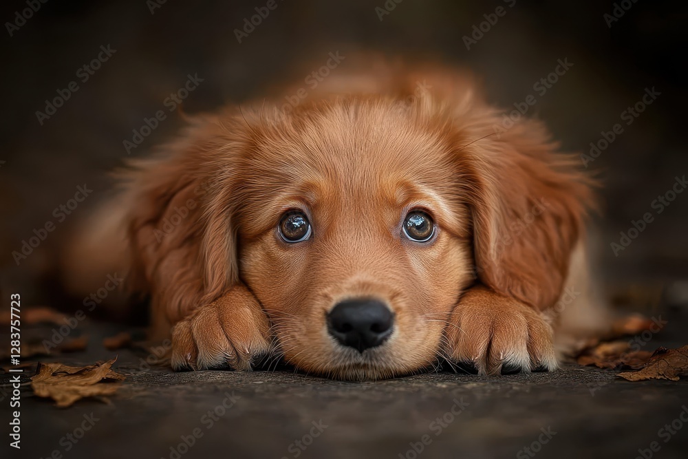 Obraz premium Adorable Golden Retriever Puppy Autumn Leaves Sweet Eyes,