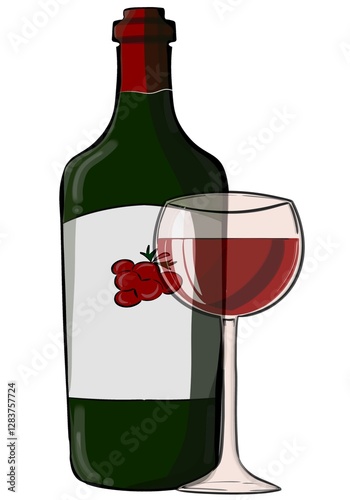 bootle of wine and glass of wine digital illustration JPG