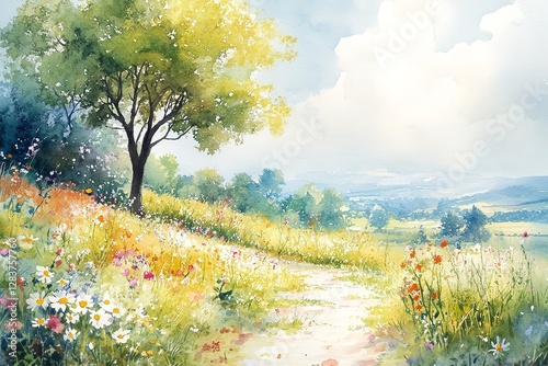 A watercolor depiction of a bright spring day, featuring wildflowers and trees in full bloom.