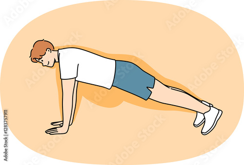 Man doing push-ups makes progress in losing weight, and feels disappearance of thanks to fitness and sports. Guy demonstrates correct execution of push-ups from floor to achieve result