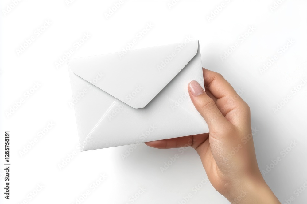 Fototapeta premium Hand Grasping Blank Postcard in Rotated View Over Crisp White Background