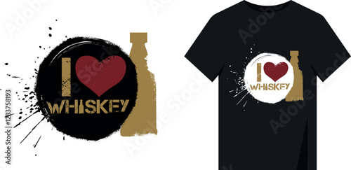 Black circle brush, splashes, abrasions, design for print on t-shirt. Vector graphics bottle of alcohol, inscription