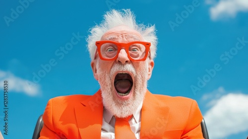 Excited man in bright orange suit and glasses expressing joy and thrill against blue sky with clouds, embodying vibrant energy and enthusiasm for life