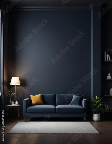 Moody dark living room with navy walls and dramatic lighting.