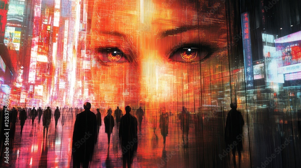 Obraz premium Giant woman face overlooks a crowded futuristic city scene