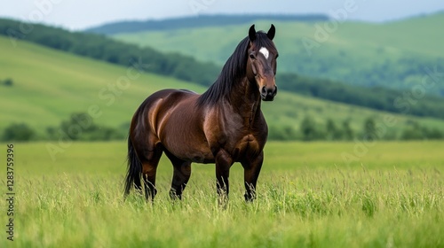 Majestic Brown Horse Standing Proudly in Lush Green Field Under Clear Blue Sky Near Rolling Hills of Verdant Landscape