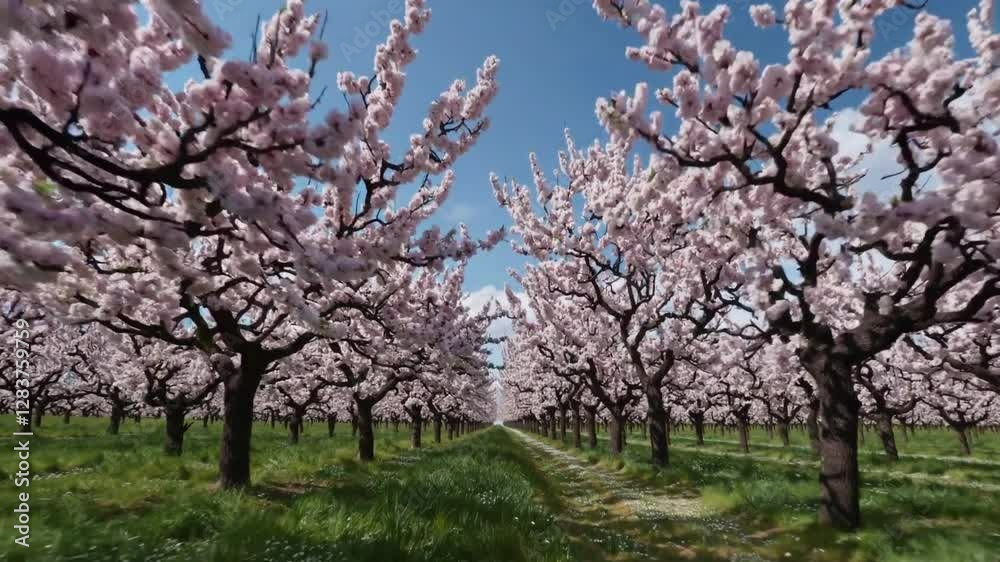 A breathtaking orchard of cherry trees in full bloom, covered in delicate pink blossoms under a vibrant blue sky, creating a picturesque and peaceful springtime scene A breathtaking orchard of cherry trees in full bloom, covered in delicate pink blossoms under a vibrant blue sky, creating a picturesque and peaceful springtime scene