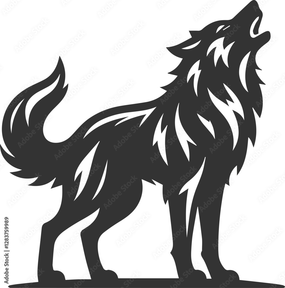 A howling wolf with a strong, muscular stance vector animal silhouette A howling wolf with a strong, muscular stance vector animal silhouette