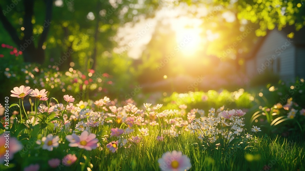 Obraz premium Sunny garden flowers, village background